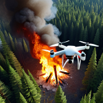 **

Drone flying over a dense forest, equipped with sensors and cameras, detecting a small fire outbreak. Emphasize the technology and the ecological importance.

**