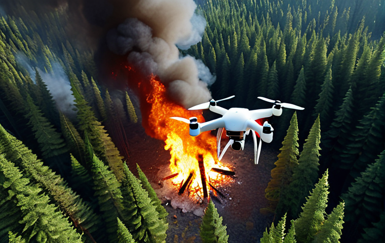 **

Drone flying over a dense forest, equipped with sensors and cameras, detecting a small fire outbreak. Emphasize the technology and the ecological importance.

**