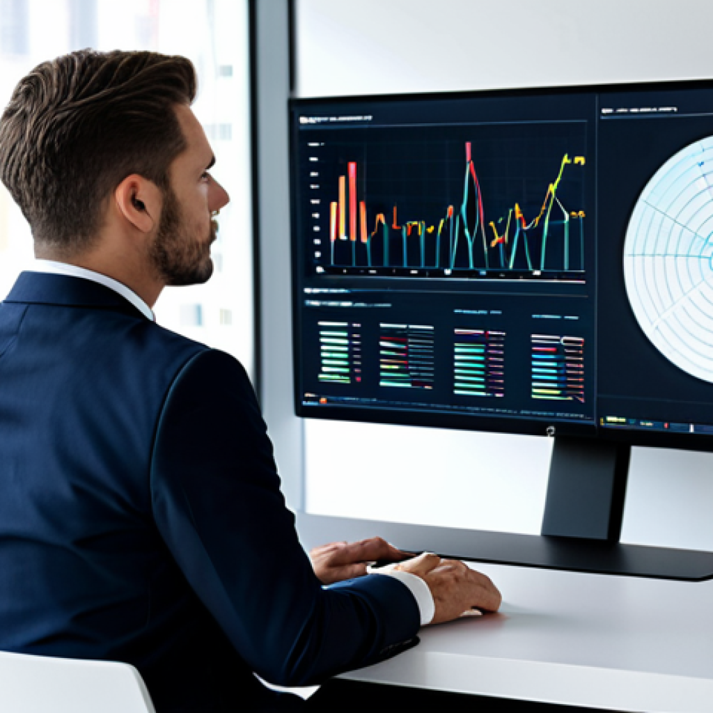 A professional business executive, fully clothed in a modest business suit, sitting at a modern desk in a sleek, minimalist office. On the large, integrated monitor in front of them, abstract data visualizations and subtle generative AI interfaces are displayed, representing efficient data analysis and strategic decision-making. The executive is thoughtfully observing the screen, conveying focus and competence. Perfect anatomy, correct proportions, natural pose, well-formed hands, proper finger count, natural body proportions. Professional photography, clean background, sharp focus, high quality, safe for work, appropriate content, fully clothed, professional.