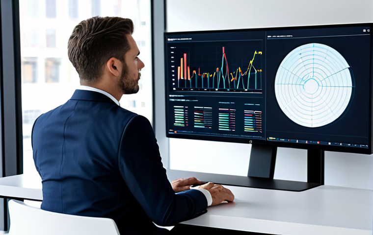 A professional business executive, fully clothed in a modest business suit, sitting at a modern desk in a sleek, minimalist office. On the large, integrated monitor in front of them, abstract data visualizations and subtle generative AI interfaces are displayed, representing efficient data analysis and strategic decision-making. The executive is thoughtfully observing the screen, conveying focus and competence. Perfect anatomy, correct proportions, natural pose, well-formed hands, proper finger count, natural body proportions. Professional photography, clean background, sharp focus, high quality, safe for work, appropriate content, fully clothed, professional.