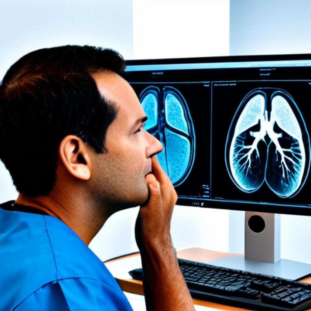 생성형 AI의 의료 분야 활용 사례 - AI-Enhanced Radiological Diagnosis**
"A highly detailed, realistic image of a modern, brightly l...