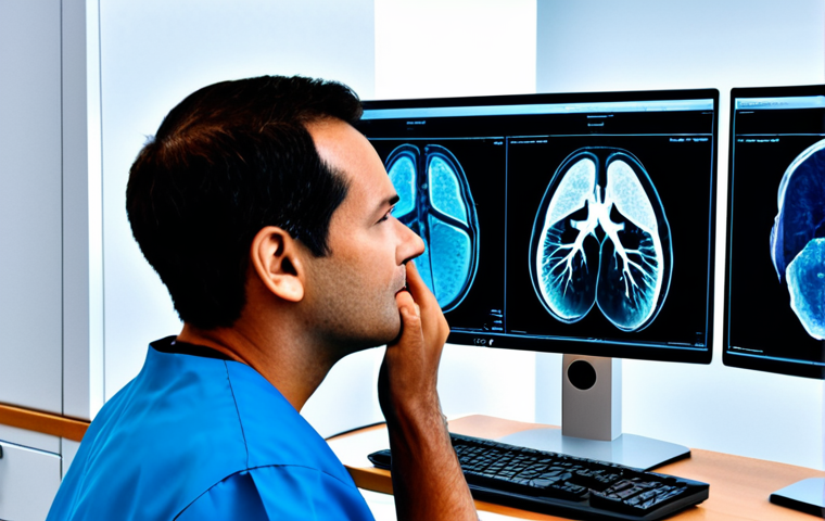생성형 AI의 의료 분야 활용 사례 - AI-Enhanced Radiological Diagnosis**
"A highly detailed, realistic image of a modern, brightly l...