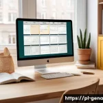 Home 22 생성형 AI와 콘텐츠 큐레이션 기법 - A modern digital content creator’s workspace in a cozy home office setting, featuring a sleek laptop...