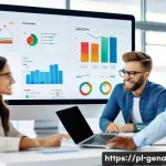 Home 19 생성형 AI와 고객 참여 증대 방안 - A modern office scene showing a diverse marketing team collaborating around a large digital dashboar...
