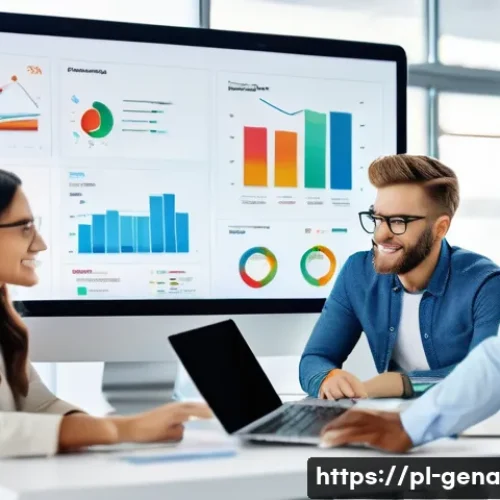 Home 31 생성형 AI와 고객 참여 증대 방안 - A modern office scene showing a diverse marketing team collaborating around a large digital dashboar...