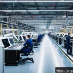 Home 18 생성형 AI의 비즈니스 활용 사례 - A modern Polish automotive factory interior showcasing advanced AI-driven quality control systems: r...
