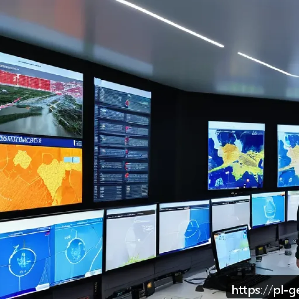생성형 AI로 위기 관리 전략 수립하기 - A high-tech crisis management center in Poland featuring large digital screens displaying dynamic AI...