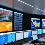 Home 23 생성형 AI로 위기 관리 전략 수립하기 - A high-tech crisis management center in Poland featuring large digital screens displaying dynamic AI...