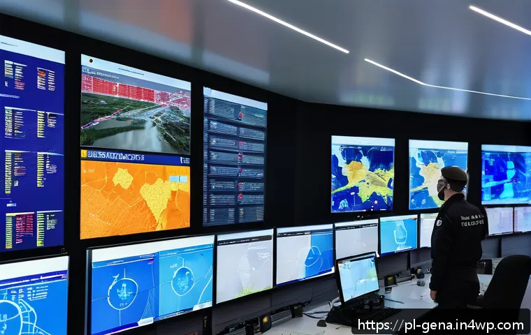 생성형 AI로 위기 관리 전략 수립하기 - A high-tech crisis management center in Poland featuring large digital screens displaying dynamic AI...