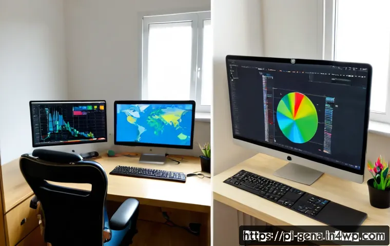 Home 17 생성형 AI와 머신러닝의 차이점 - Photorealistic split-scene comparison in a bright modern Polish home office: on the left, a desktop ...