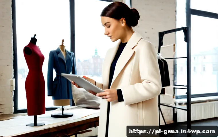 Home 17 생성형 AI 활용법 패션 산업의 변화 - Photorealistic modern fashion design studio in Warsaw, Polish female designer in modest contemporary...